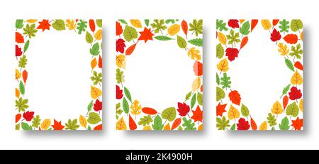 Ensemble de cadres à motif fleuri et feuilles d'automne. Motif fleuri coloré avec espace pour les copies. Feuilles d'automne de chêne bouleau érable peuplier frêne peuplier tremble châtaigne isolée sur blanc. Vignette de feuillage d'arbre à feuilles caduques Illustration de Vecteur