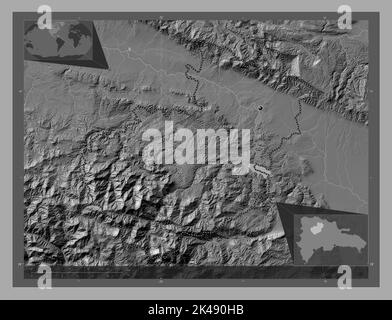 Santiago, province de la République dominicaine. Carte d'altitude à deux niveaux avec lacs et rivières. Cartes d'emplacement auxiliaire d'angle Banque D'Images