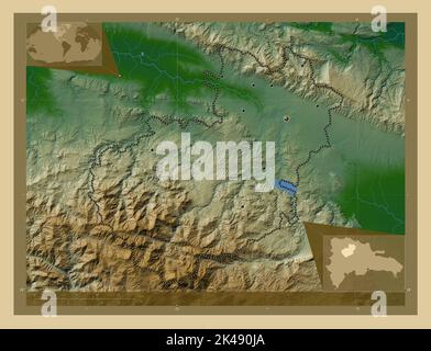 Santiago, province de la République dominicaine. Carte d'altitude en couleur avec lacs et rivières. Lieux des principales villes de la région. Emplacement auxiliaire d'angle Banque D'Images