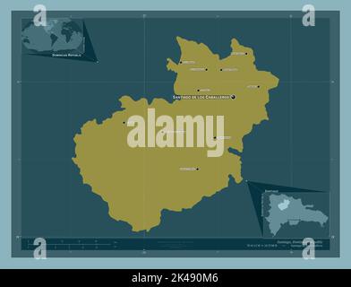 Santiago, province de la République dominicaine. Forme de couleur unie. Lieux et noms des principales villes de la région. Cartes d'emplacement auxiliaire d'angle Banque D'Images