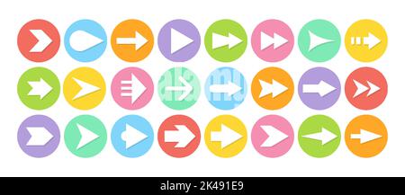 Flèches grand jeu d'icônes colorées. Boutons ronds avec flèches de forme différente. Collection de signes du curseur. Icônes plates pour l'interface des applications, la navigation sur le site Web. Droite gauche haut bas pointeur de direction pictogramme moderne Illustration de Vecteur