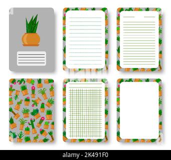 Couverture de cahier Cactus et ensemble de pages lignées. Succulent dans le modèle de pot avec l'espace de copie modèle de feuille quadrillée pour le journal annuel de copybook de brochure de bloc-notes. Feuille de journal Green Houseplant Planner Illustration de Vecteur
