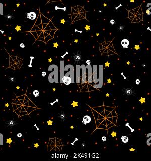 Arrière-plan vectoriel et créepy avec étoiles et crânes. Toile de fond amusante avec toiles d'araignée, araignée et os. Illustration de Vecteur
