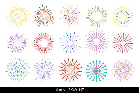 Feu d'artifice coloré lumineux. Fête feu feu feu feu feu feu noël nouvel an pyrotechnics fête d'anniversaire soirée fête de firecracker. Soleil rétro éclatant rayons de soleil. Les faisceaux de lumière radiaux saluent les étincelles Illustration de Vecteur