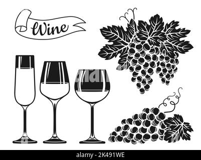 Wineglass et bouteille, grappe de raisin gravure silhouette set. Produits pour timbres de vin, raisins de vigne Vintage encre forme dessin à la main. Champagne bouteilles alcool bar, publicité spiritueux design pour le café Illustration de Vecteur