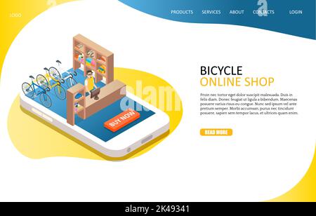 Modèle de site Web de la page d'arrivée de la boutique en ligne de vélos. Smartphone vectoriel isométrique avec magasin de vélos. Achat en ligne, concept de commerce électronique. Illustration de Vecteur