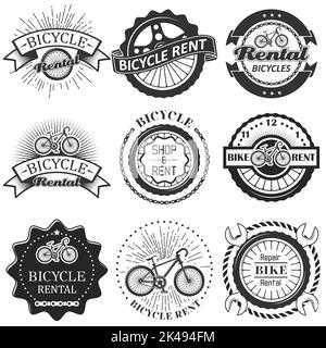 Ensemble de logos d'étiquette de badge de location de vélo. Illustration monochrome vectorielle de style rétro. Typographie de location de vélos, d'achat et de réparation. Illustration de Vecteur