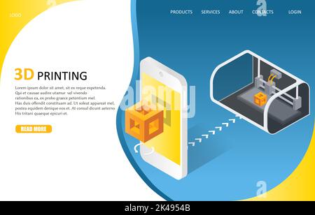 3D modèle de page de renvoi du processus d'impression. Illustration isométrique vectorielle. Création d'un cube en plastique tridimensionnel à l'aide de l'imprimante 3D et de mobi Illustration de Vecteur