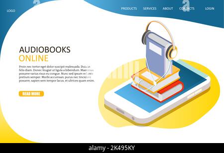 Modèle de site Web de page d'accueil de livres audio en ligne. Pile isométrique vectorielle de livres avec écouteurs sur l'écran du smartphone. Concept de livres en ligne. Illustration de Vecteur