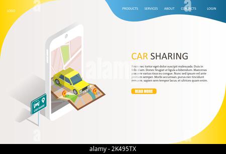 Modèle de site Web de la page d'accueil du service de partage de voiture. Smartphone vectoriel isométrique avec carte, auto pour location et panneau de partage de voiture. Service de covoiturage via smar Illustration de Vecteur