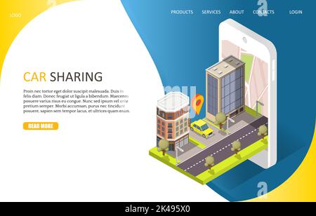 Modèle de site Web de la page d'accueil du service de partage de voiture. Téléphone intelligent vectoriel isométrique avec rue de ville et voiture à louer dans le parking. Service de covoiturage Illustration de Vecteur