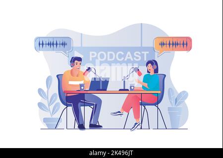 Concept de diffusion de podcast avec scène de personnes. Femme et homme parlant dans le microphone et la diffusion en direct au studio. Hôte parlant avec le client. Vecteur Illustration de Vecteur