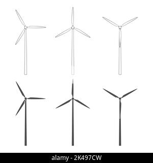 Jeu d'illustrations noir et blanc avec éolienne, moulin à vent. Objets vectoriels isolés sur fond blanc. Illustration de Vecteur