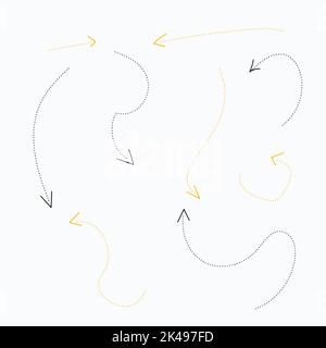 Ensemble de flèches colorées. Ensemble coloré de flèches d'esquisse. Pointeurs de direction formes et objets. Pointeurs d'orientation des courbes et des courbes. Contour vectoriel modifiable Illustration de Vecteur