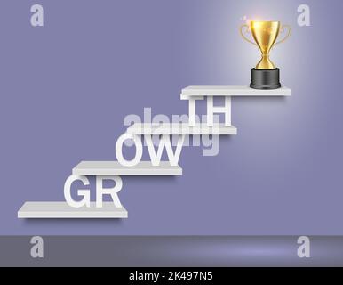 Échelle de mot de croissance avec coupe trophée sur le dessus. Illustration vectorielle réaliste. Business Success concept pour le Web, l'affiche, la bannière. Illustration de Vecteur