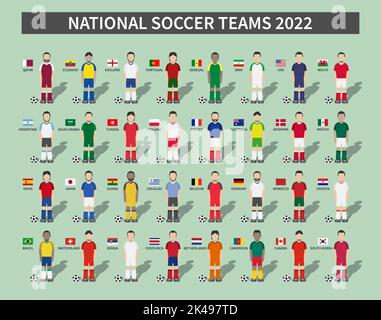 Qatar football coupe du monde de la fifa 2022 . 32 équipes de groupe de stades et de personnage de dessin animé avec des drapeaux de maillot et de pays . Vecteur . Illustration de Vecteur