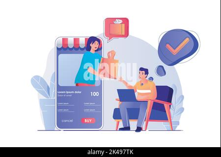 Concept d'achat en ligne avec scène de personnes. Le client MAN effectue des achats à prix réduit, en commandant la livraison dans APP. Femme vendant des marchandises. Vecteur Illustration de Vecteur