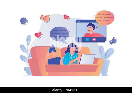 Concept de chat vidéo avec scène de personnes. Femme parlant à l'homme en visiophonie à l'aide d'un ordinateur portable, en se connectant avec des collègues et des amis. Vecteur Illustration de Vecteur