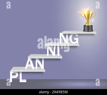 Planning Word Ladder avec coupe trophée sur le dessus. Illustration vectorielle réaliste. Plan d'affaires de stratégie efficace étape pour atteindre le concept d'objectif pour nous Illustration de Vecteur