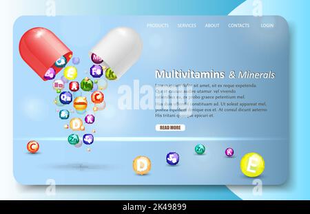 Modèle de site Web de page d'accueil de multivitamines et minéraux. Illustration vectorielle réaliste. Capsule ouverte pharmaceutique complexe de Vitamine avec chute Illustration de Vecteur