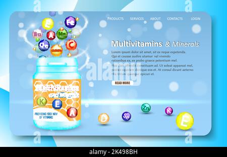 Modèle de site Web de page d'accueil de multivitamines et minéraux. Illustration vectorielle de la bouteille de plastique et des comprimés de vitamines et de complexes minéraux. Régime alimentaire Illustration de Vecteur