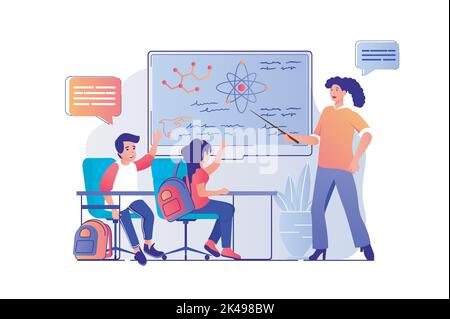 Concept d'apprentissage scolaire avec scène de personnes. Garçons et filles étudiant en classe, enseignant expliquant la leçon et pointant sur le tableau noir. Vecteur Illustration de Vecteur