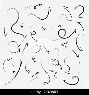 Dessin à la main du jeu de flèches vectorielles. Ensemble de vecteurs abstraits dessinés à la main. Style de trait de pinceau. Dessin au crayon pour enfants. Contour vectoriel modifiable Illustration de Vecteur