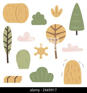 Collection de plantes et d'objets naturels. Jeu d'illustrations simples. Arbres, buissons, nuages, foin et autres articles pour le ranch. Clipart pour autocollants, conception de livres pour enfants. Illustration de Vecteur