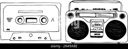 Cassette dessinée à la main, mixtape et vintage rétro record Player encre illustration, dessin animé noir et blanc doodle pour la technologie musicale ou l'équipement audio Illustration de Vecteur