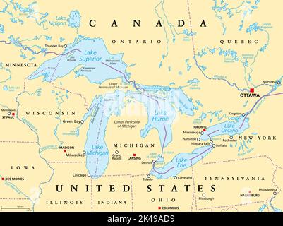 Carte politique des Grands Lacs d'Amérique du Nord. Lacs supérieur, Michigan, Huron, Érié et Ontario. Série de grands lacs d'eau douce interconnectés. Banque D'Images