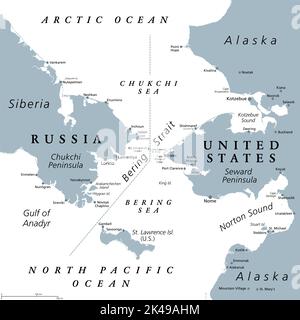 Détroit de Béring, carte politique grise. Détroit entre l'océan Pacifique Nord et l'océan Arctique, séparant la péninsule de Chukchi de la péninsule de Seward. Banque D'Images
