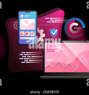 Illustration de la sécurité réseau. Pink Detailed Elements, VPN, ordinateur portable, Paramètres. Illustration vectorielle Illustration de Vecteur