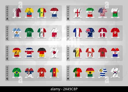 Qatar football coupe du monde de la fifa 2022 . 32 équipes de groupe des étapes avec le maillot et le drapeau de pays agité . Vecteur . Illustration de Vecteur
