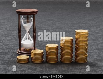 Montée de tas de pièces sur fond sombre avec Hourglass Banque D'Images