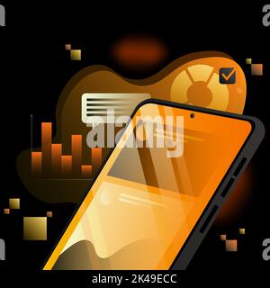 Illustration détaillée de l'application. Écran du smartphone, graphiques et messages sur fond noir. Illustration vectorielle Illustration de Vecteur