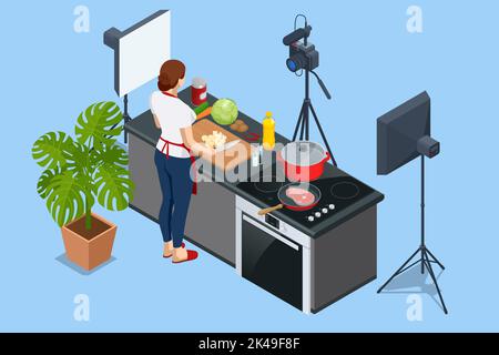 Femme isométrique enregistrant la vidéo sur caméra à la cuisine. Blogueur de nourriture ou de la cuisson vidéo concept de blog. Cours de cuisine en ligne. Illustration de Vecteur