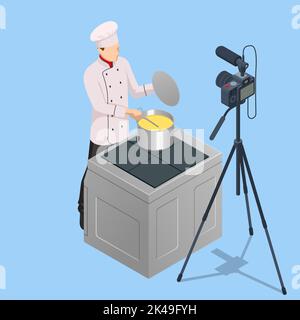 Isométrique Chef cuisinier enregistrement vidéo sur caméra à la cuisine. Chef dans White Uniform Blogger, Food Blogger ou la cuisson vidéo Blog concept. Cuisine en ligne Illustration de Vecteur