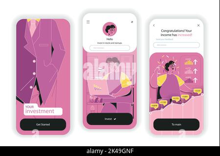 Écrans d'intégration du concept d'investissement commercial. Une stratégie financière, une analyse et une croissance des bénéfices réussies. Kit interface utilisateur UI, UX, GUI avec méplat Illustration de Vecteur