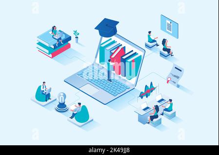 Étude en ligne de 3D web design isométrique. Les gens lisent des livres et étudient des manuels, améliorent les compétences et les connaissances, étudient à l'université ou suivent des cours Illustration de Vecteur