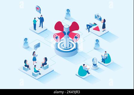 Marketing de référence 3D Isométrique web design. Les gens recommandent des magasins à des amis, distribuent des liens de référence et gagnent des bonus dans les programmes de fidélité Illustration de Vecteur