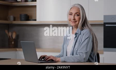 Caucasien enseignant senior personnes âgées femme d'intérieur femme d'affaires grand-mère femme grise-cheveux femme travail sur ordinateur portable dans la cuisine utilisation à la maison wi-fi réservation de billets chat Banque D'Images