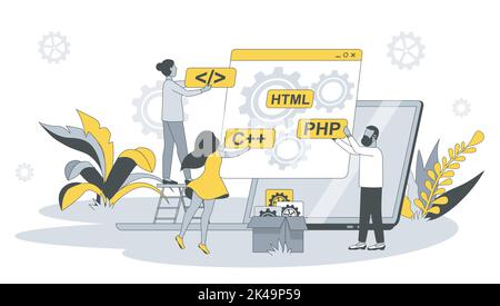 Développer un concept d'équipe en conception plate avec les gens. L'homme et la femme écrivent et testent le code, programmant sur différentes langues, optimisent les programmes. Vecteur Illustration de Vecteur