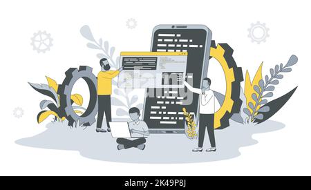 Concept de développement logiciel en conception plate avec les gens. Les hommes rédigeant, établissant et testant le code, développant des programmes et des applications en équipe. Vecteur Illustration de Vecteur