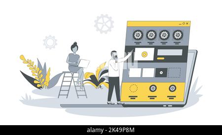 Concept de développement Web en conception plate avec les gens. Les hommes et les femmes créent la disposition du site, placent des blocs avec le contenu et les boutons, travaillant en équipe. Vecteur Illustration de Vecteur