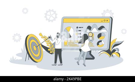 SEO concept d'optimisation dans la conception plate avec les gens. L'homme et la femme analysent les données et les mots-clés, optimise pour les requêtes populaires, le site de paramètres. Vecteur Illustration de Vecteur