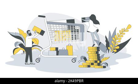 Concept de vente au détail en conception plate avec les gens. L'homme et la femme achètent des marchandises dans un supermarché, choisissent des produits et les met dans un chariot, achètent au meilleur prix. Vecteur Illustration de Vecteur