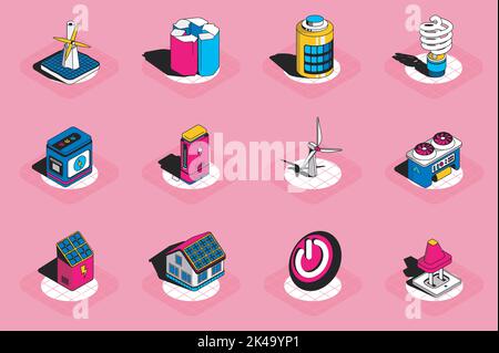 Énergie et sources alternatives 3D ensemble d'icônes isométriques. Pack éléments d'éolienne, batterie, ampoule, générateur, station, panneau solaire et autres Illustration de Vecteur