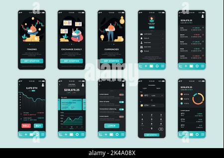 Écrans de concept Crypto Exchange définis pour le modèle d'application mobile. Les gens font du commerce de crypto-monnaie, analysent et gèrent les comptes. Kit interface utilisateur UI, UX, GUI Illustration de Vecteur