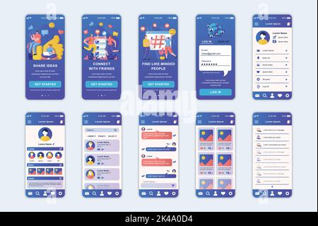 Écrans de concept de réseau social définis pour le modèle d'application mobile. Les gens partagent des idées en ligne, des blogs, se connecter avec des amis. Kit interface utilisateur UI, UX, GUI Illustration de Vecteur