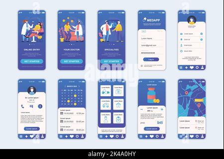 Écrans de concept de médecine définis pour le modèle d'application mobile. Les gens obtiennent en ligne médecin diagnostic consultation, acheter des médicaments. Kit interface utilisateur UI, UX, GUI Illustration de Vecteur